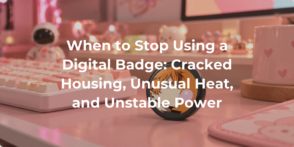 A digital badge set aside on a dry, stable surface.