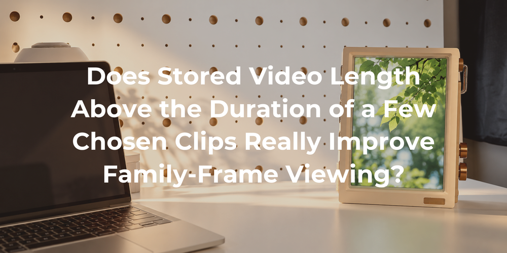 A family frame beside a laptop in a home viewing position.