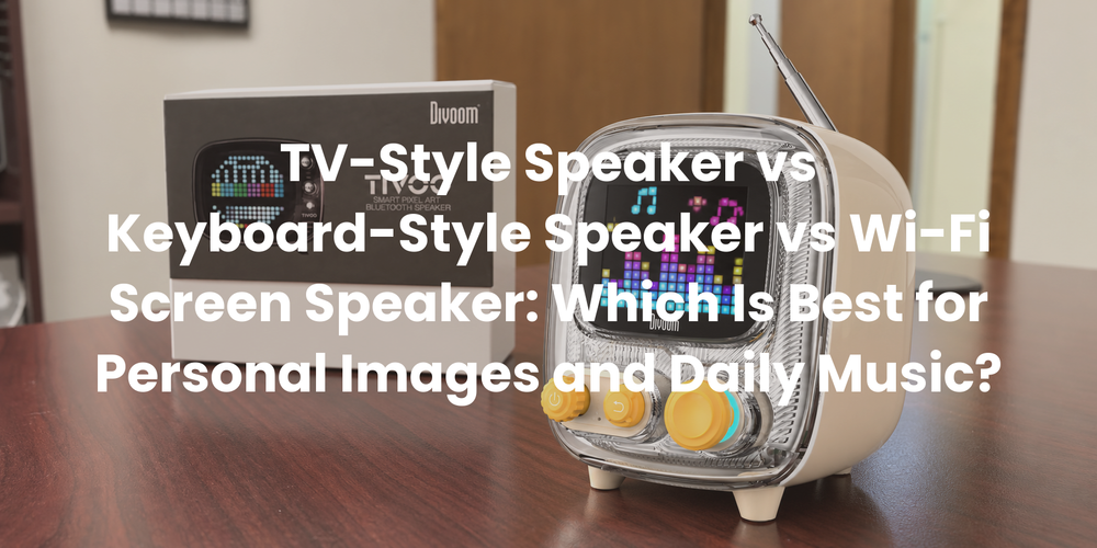 A TV-style speaker on a wood desk for personal images and everyday music.