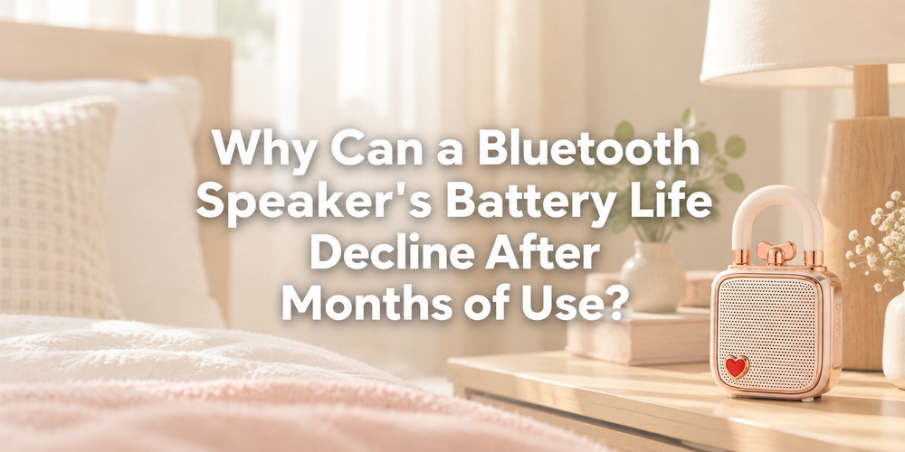Rose-gold portable speaker in a faded daylight scene with the full article title about declining battery life.