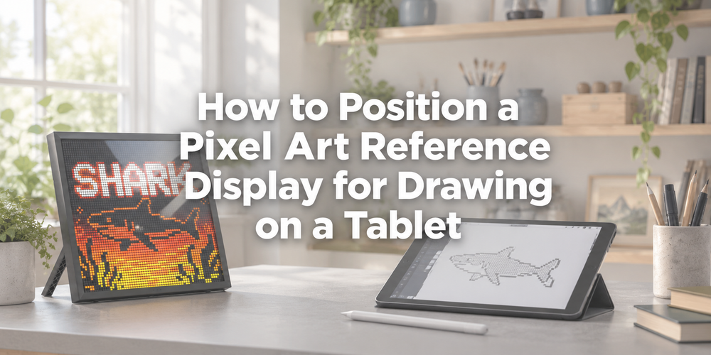 Tablet drawing workspace with a separate pixel art reference display