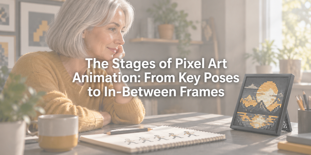 Faded illustrative scene with the full article title about pixel art animation stages.