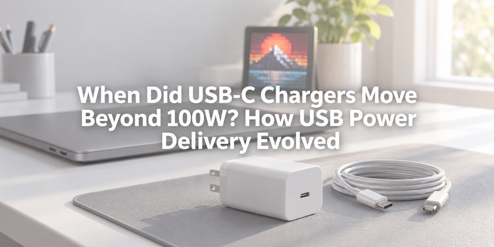 Faded illustrative scene with the full article title about USB Power Delivery evolution.