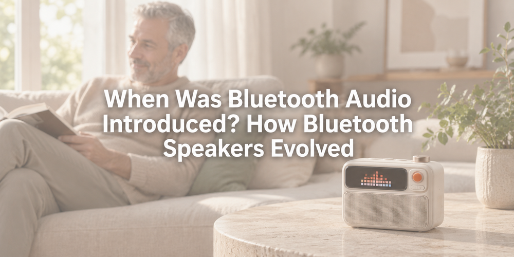 Faded illustrative scene with the full article title about Bluetooth audio history.