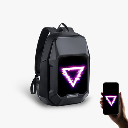 Divoom Cyberbag Pixel Art LED Backpack, black hard-shell backpack with a glowing pink and white neon triangle pixel display beside a matching phone screen, smartphone app controlled, techwear decor