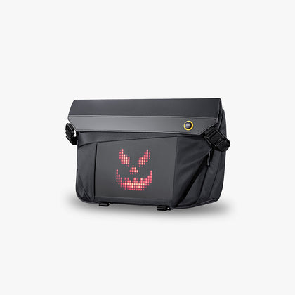 Divoom Sling Bag-V Pixel Art LED Sling Bag, a black sling bag with a red pixel grin face display on a plain background, smartphone app controlled, streetwear decor