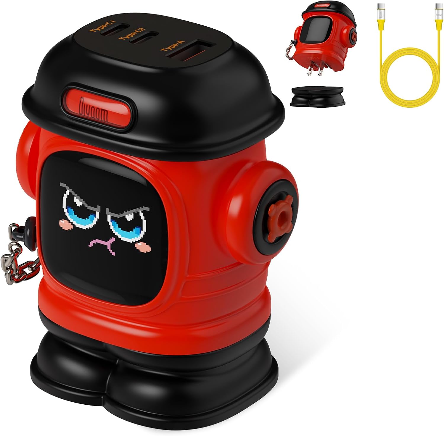 Divoom Dipow-65W Multi-socket Fast Charger, red astronaut-shaped charger with an angry pixel face, dual USB-C and USB-A ports, plain background desk decor