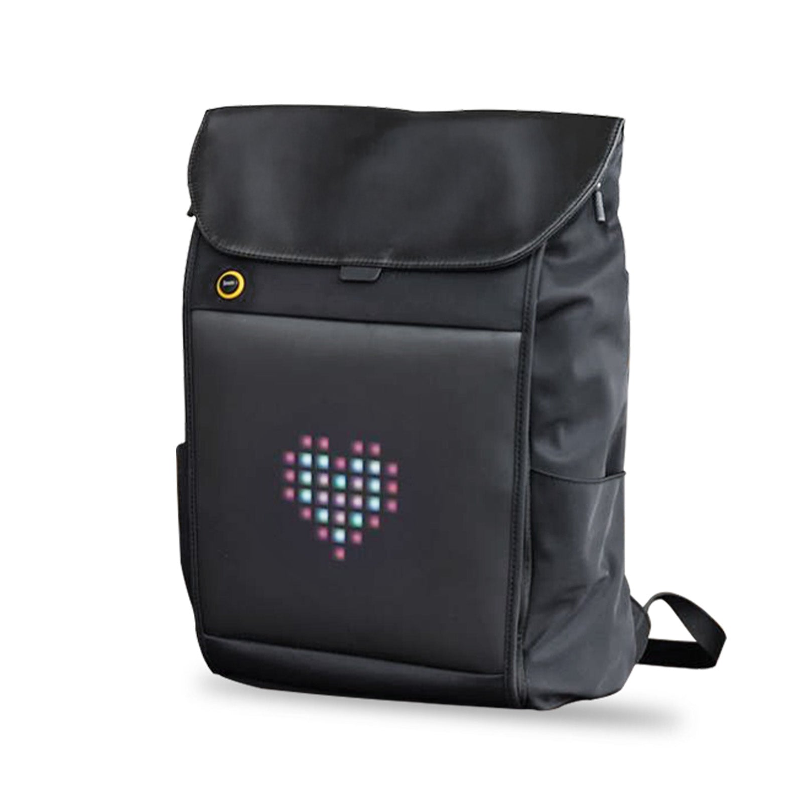 Pixoo Backpack-M Innovative Smart LED Backpack, a black flap-top backpack with a pastel pixel heart on the front display, smartphone app controlled, everyday commute decor