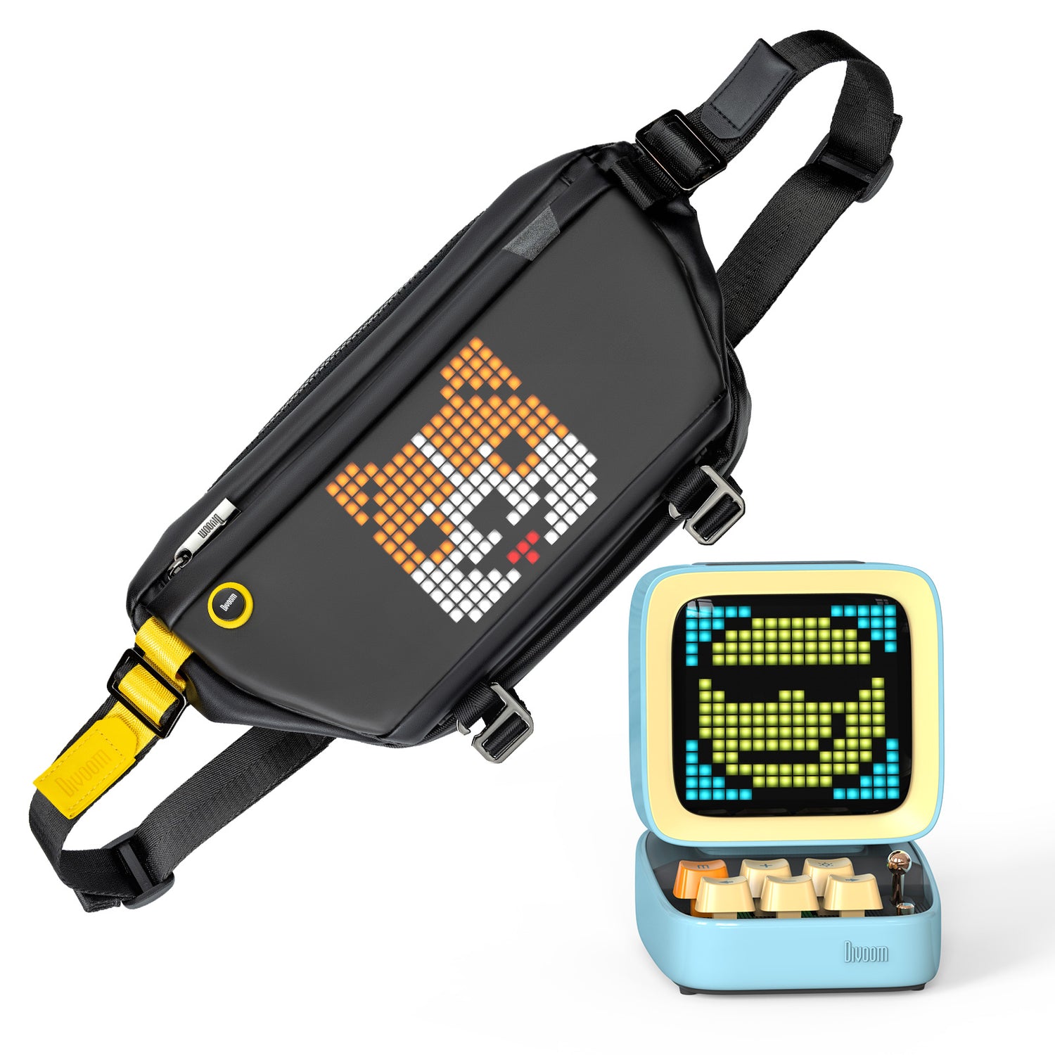 Divoom Ditoo Pro & Sling Bag, black sling bag with a pixel corgi face and pastel blue Ditoo Pro with a smiling pixel screen, smartphone app controlled, desk and travel decor