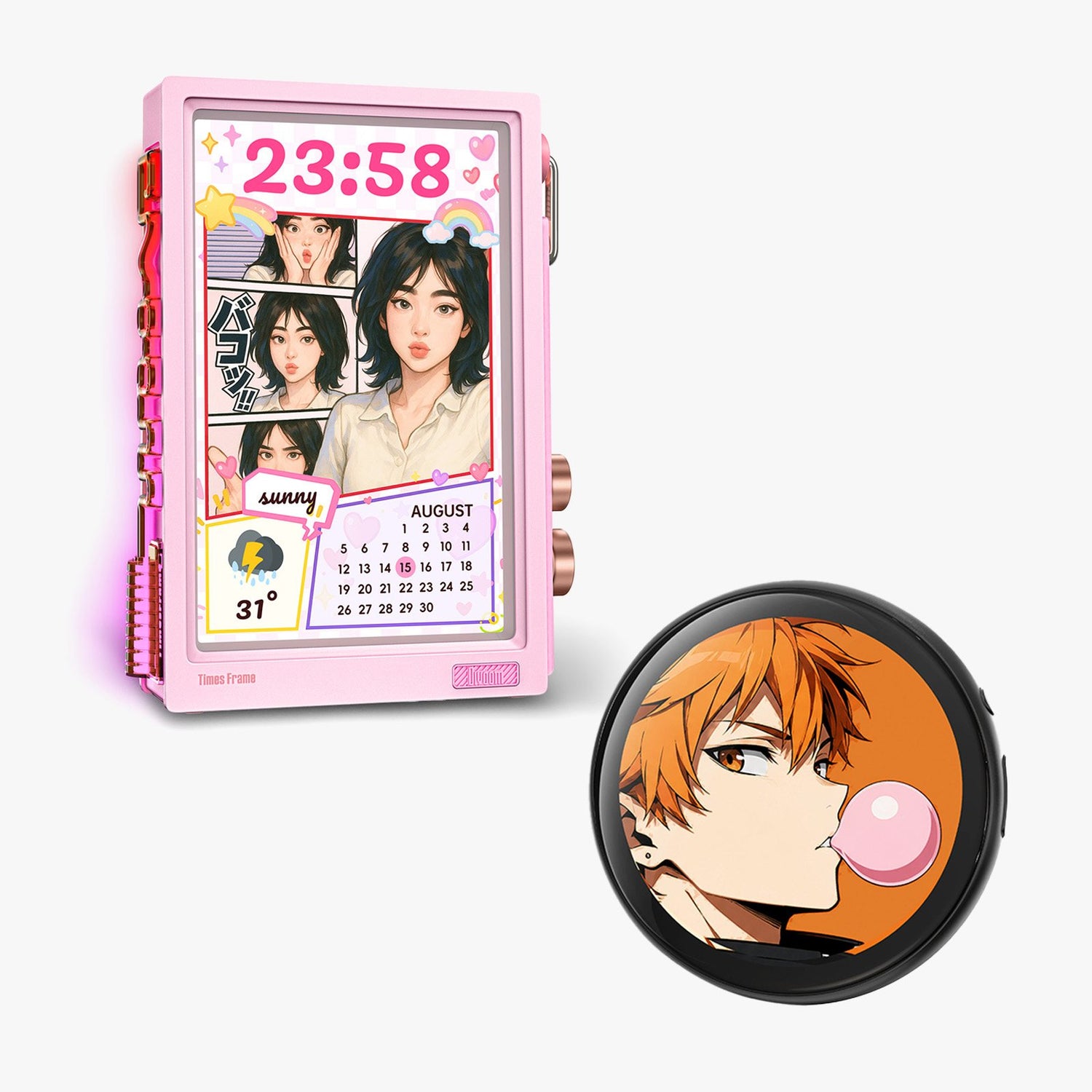 Divoom Emodo Pixel Badge Black with Times Frame Pink pixel-art desk setup bundle