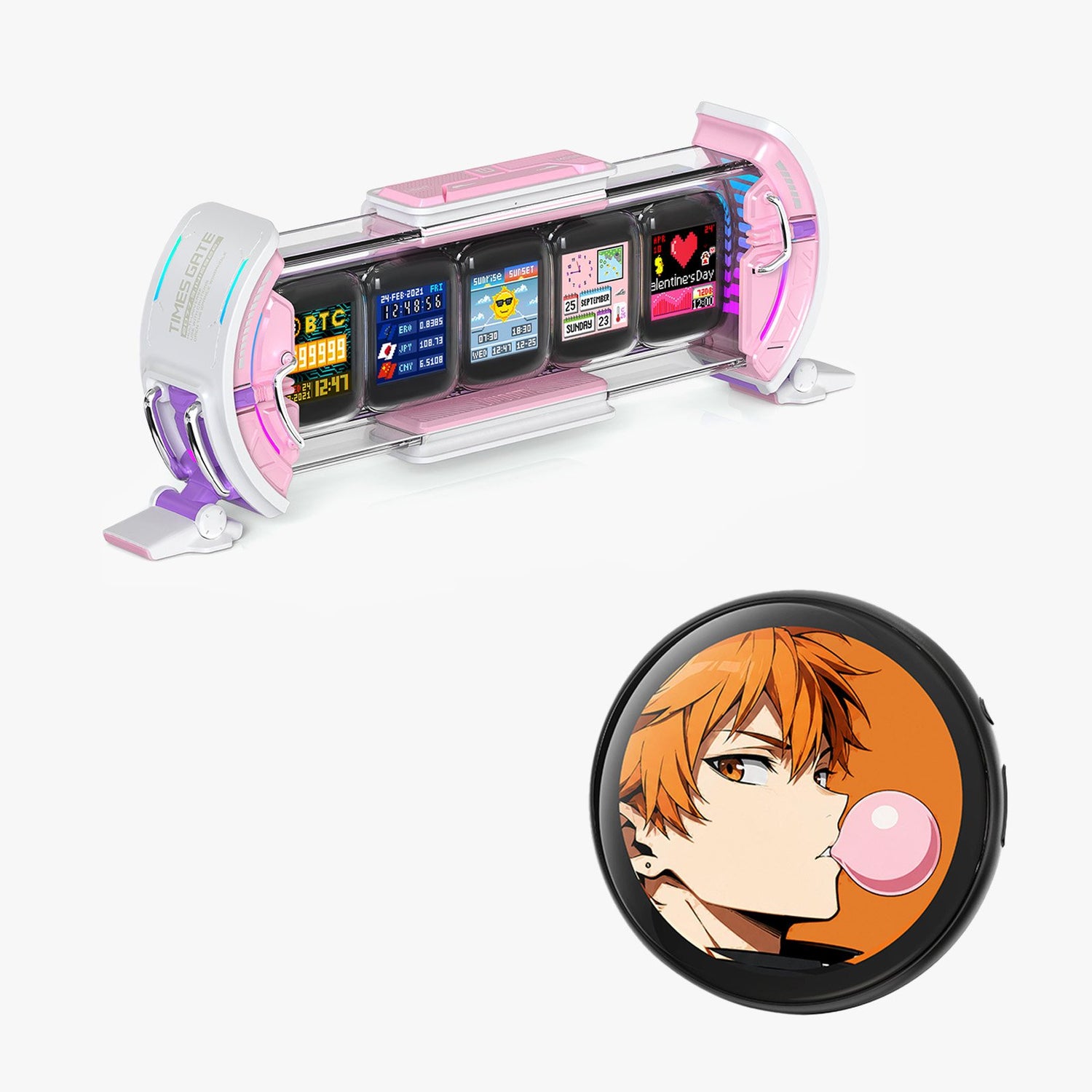 Divoom Emodo Pixel Badge Black with Times Gate Pink pixel-art desk setup bundle