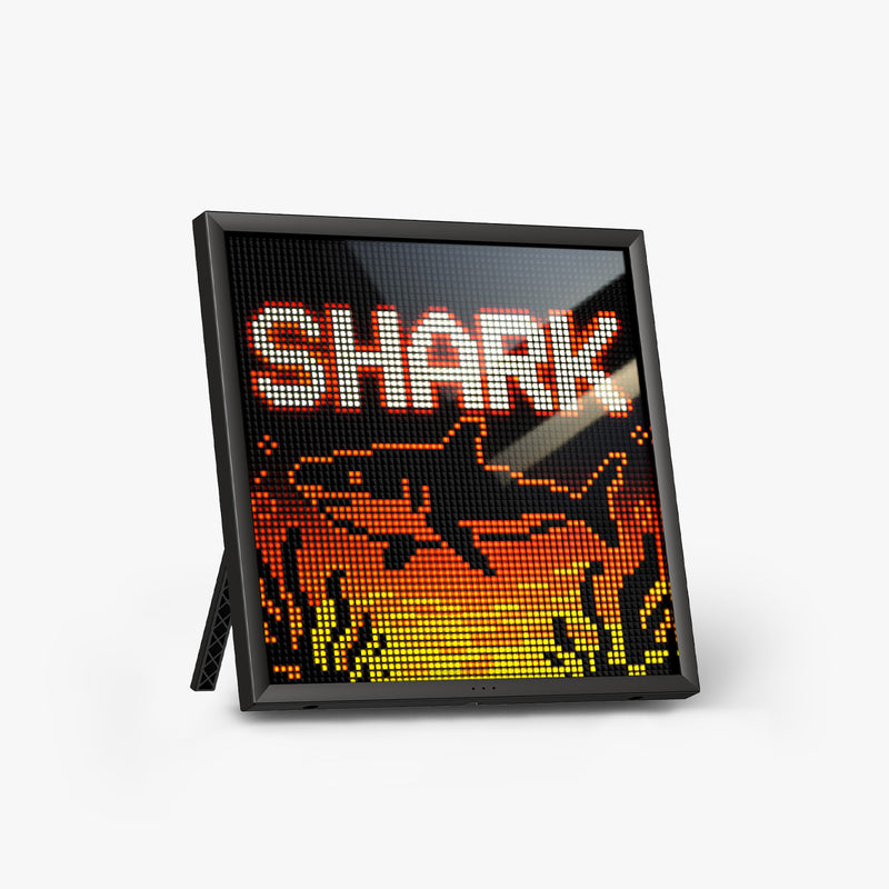 Divoom Pixoo64Ⅱ 64x64 Pixel Art LED Display Social Media Counter, a bold shark pixel graphic on a black screen, smartphone app controlled, gaming room decor