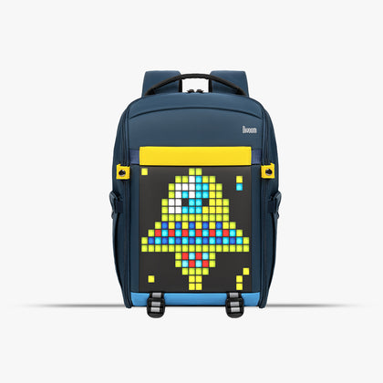 Divoom Backpack-S Pixel Art LED Backpack, a blue backpack with yellow trim and colorful geometric pixel tree display, smartphone app controlled, everyday commute decor