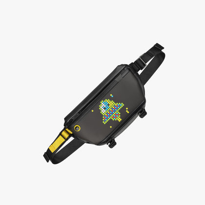 Divoom Sling Bag Pixel Art LED Daypack, a black crossbody bag with a colorful pixel astronaut display on a plain white background, smartphone app controlled, streetwear decor