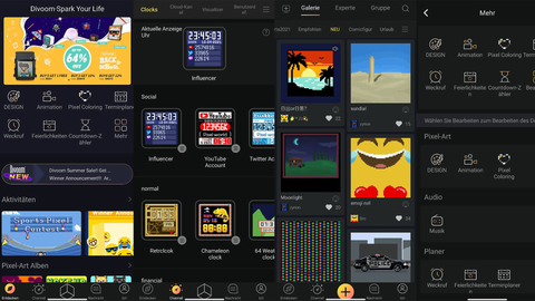 Divoom app screens showing pixel art galleries, clocks and creative tools