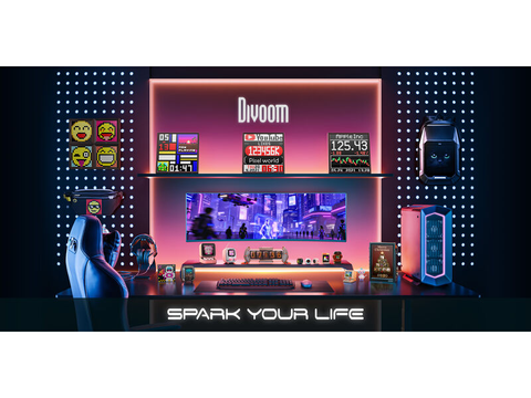 Divoom product collection in an illuminated gaming desk setup