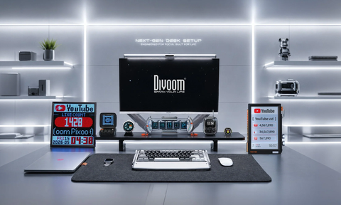 Divoom smart displays in a silver desktop workspace